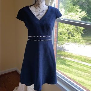Blue tweed dress with pearl accents